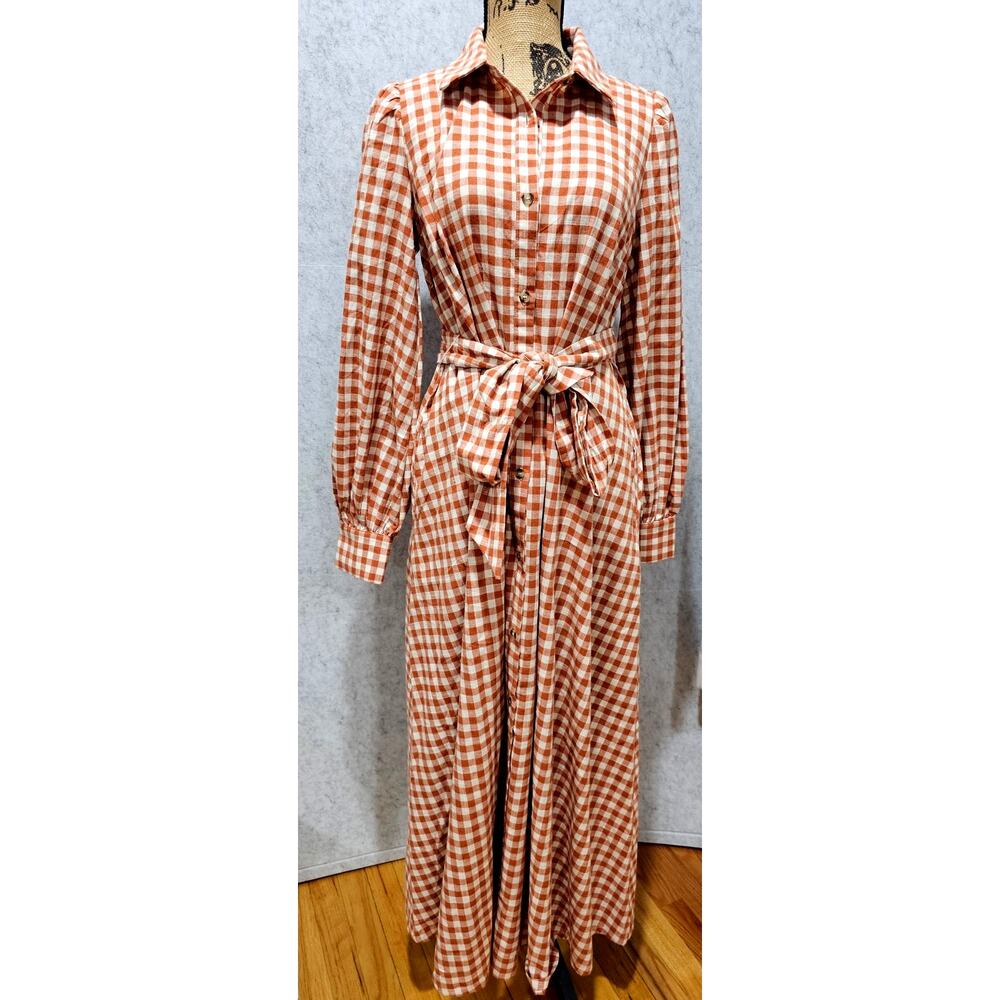 Love Wednesday Gingham Daydream Maxi Shirt Dress Belted Orange Size L - Picture 1 of 11